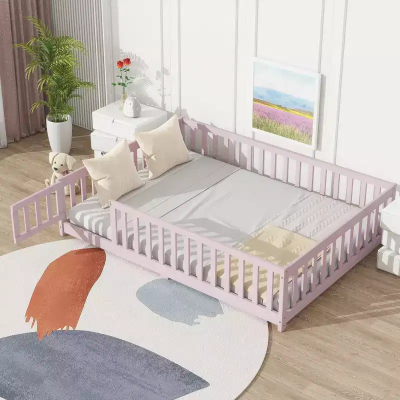 Full Size Floor Bed with Safety Fence & Door - Solid Rubberwood, Pink