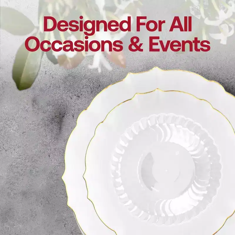 Smarty Had A Party Clear w/ Gold Rim Round Lotus Plastic Tableware Set - 60 Sets
