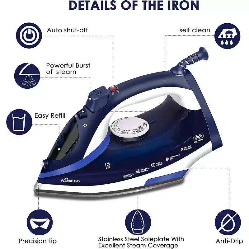 AEMEGO Steam Iron for Clothes Lightweight Portable Iron with Non Stick Ceramic Blue
