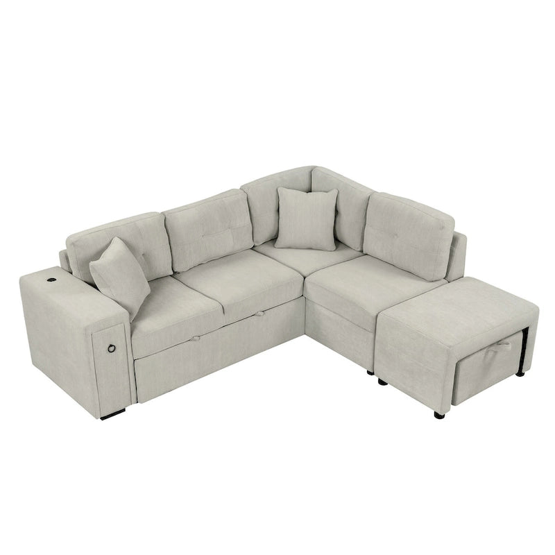 L-Shaped 4-Seat Sectional Sofa with Pull-Out Bed, Ottoman, USB Ports & Drop-Down Table