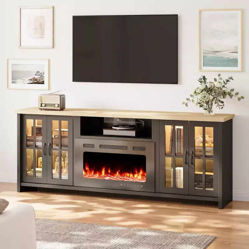 EROMMY 78 Fireplace Tv Stand With Fireplace For Tvs Up To 90, Farmhouse Tv Stand With Large Storage Space, Led Lights & Adjustable Shelves