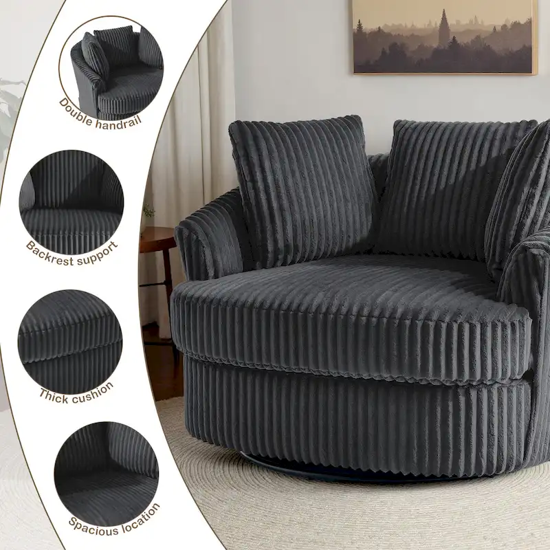 Fauteuil pivotant surdimensionné 43 W en velours côtelé pelucheux avec accoudoirs encastrés