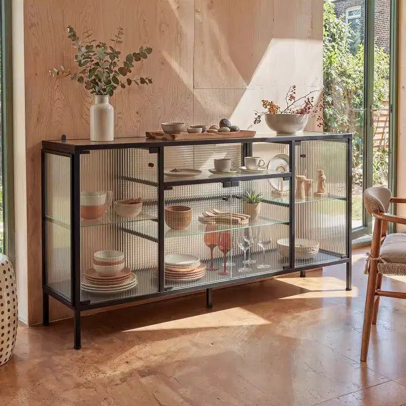 Homsee Modern Fluted Glass Kitchen Pantry Cabinet,3 LED Lights Display Cabinet,Sideboard Buffet Table,Elevate Kitchen or Dining Space Ambiance
