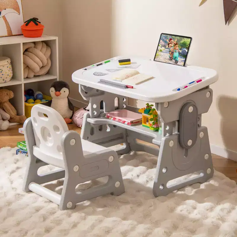 Costway Kids Table & Chair Set Height Adjustable Toddler Drawing Table w/ Book Stand