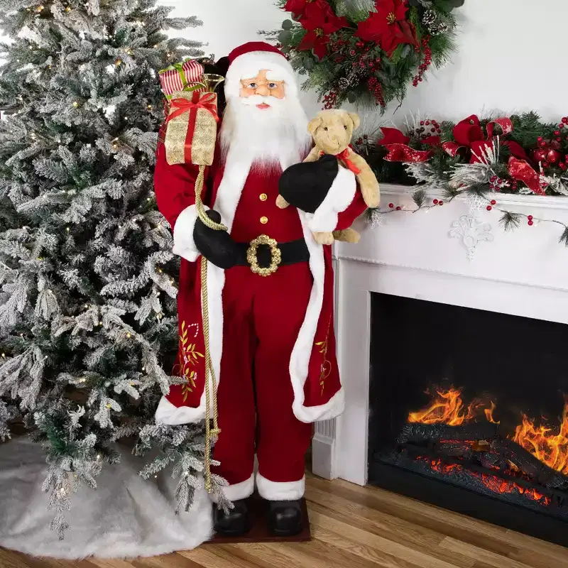 Northlight Traditional Santa Claus with Teddy Bear and Gift Bag Standing Christmas Figure - 5'