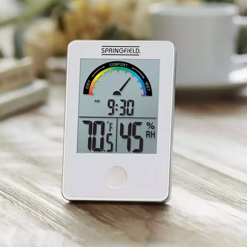 Springfield Wireless Indoor Comfort Level Thermometer  Digital Temperature & Humidity Monitor with Clock & Memory, 14F to 122F Range - (White)