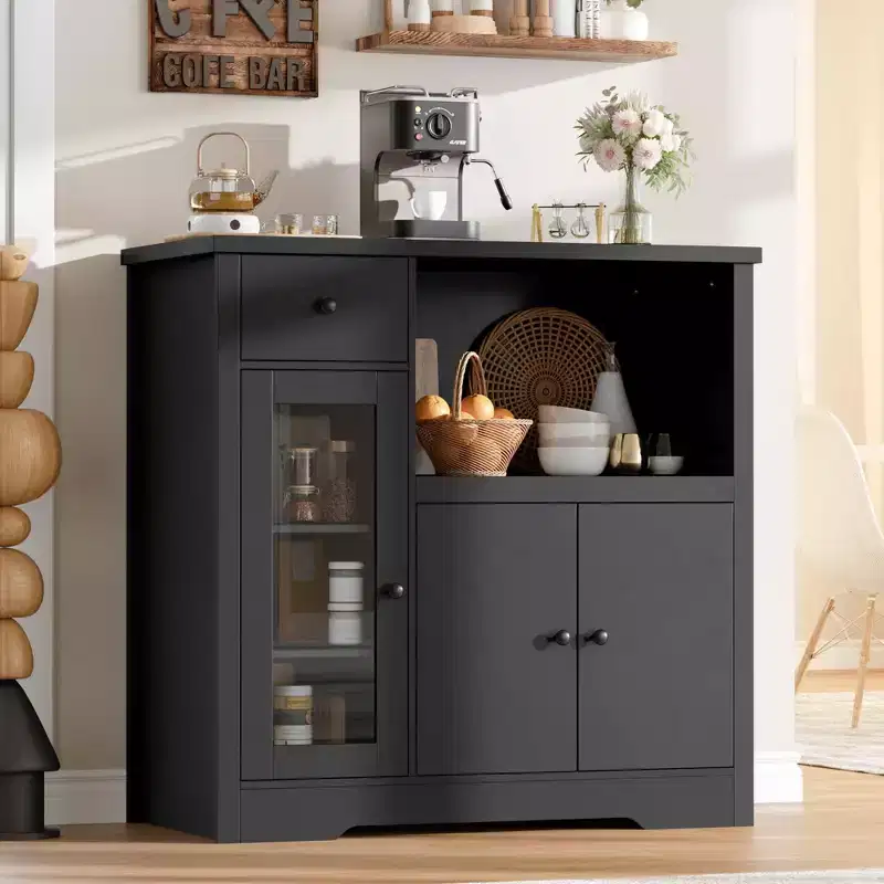 Kitchen Microwave Cabinets with Storage, Buffet Cabinet Sideboard with 3 Doors, 1 Drawer and Adjustable Shelves, Pantry Storage Cabinet for Room