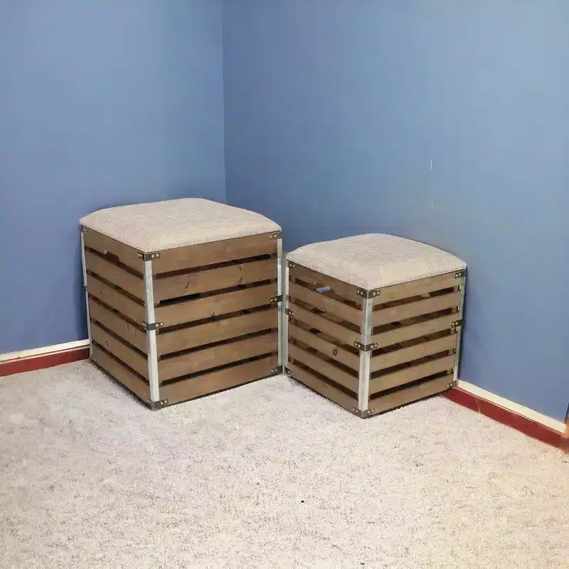 HomeRoots Set Of 2 Square Brown Linen Fabric And Wood Slats Storage Benches