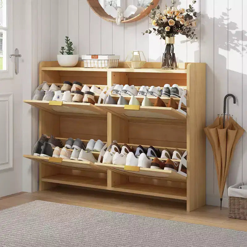 Shoe Cabinet, Entryway Cabinet  Rattan 4-Tier Cabinet with Flip Drawers Space-Saving for Hallway/Furniture