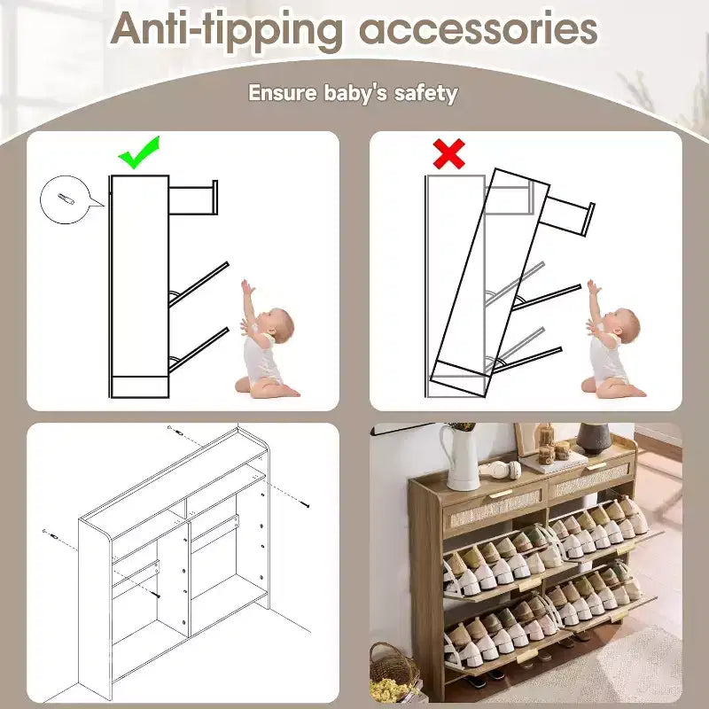 Rattan Shoe Storage Cabinet with 4 Flip Drawers & 2 Drawers, Freestanding Organizer for Front Door Entrance, Hidden Narrow Shoe Rack Cabinet Storage
