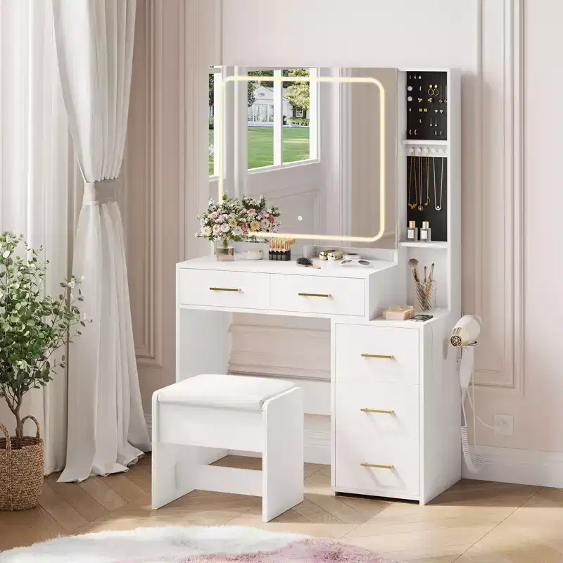 Sturdy Particle Board Vanity Desk Set - Stylish Dressing Table with Illuminated Smart Mirror, USB Socket & Ample Jewelry Storage Space