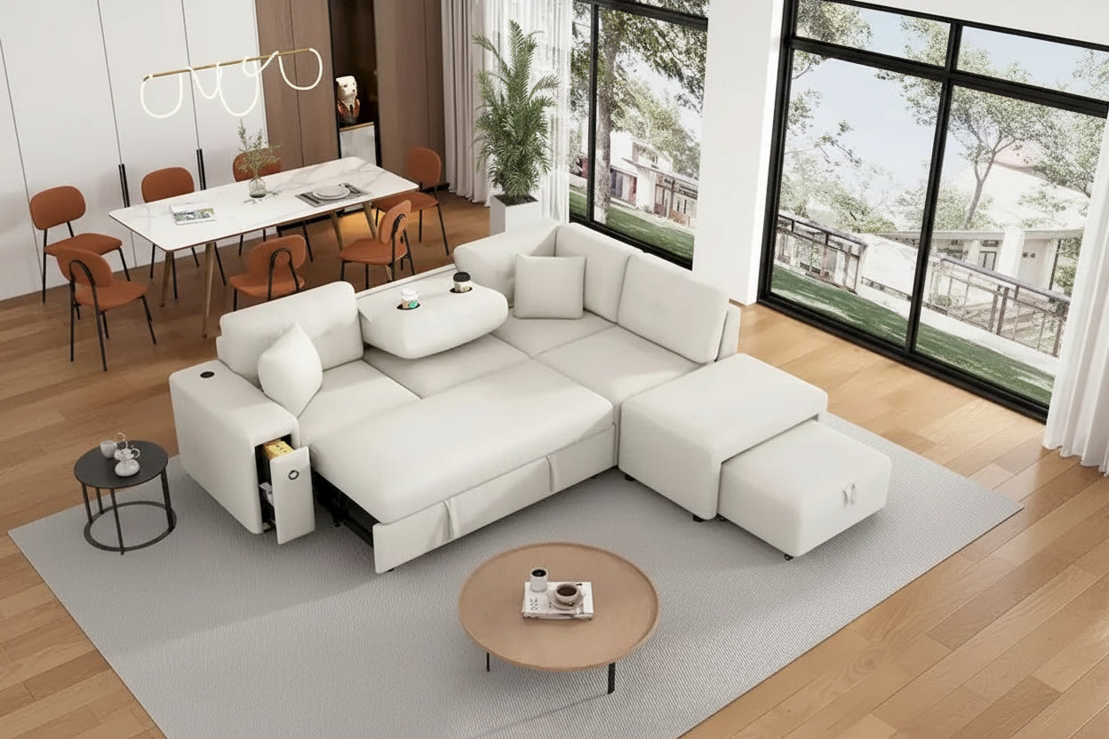 L-Shaped 4-Seat Sectional Sofa with Pull-Out Bed, Ottoman, USB Ports & Drop-Down Table