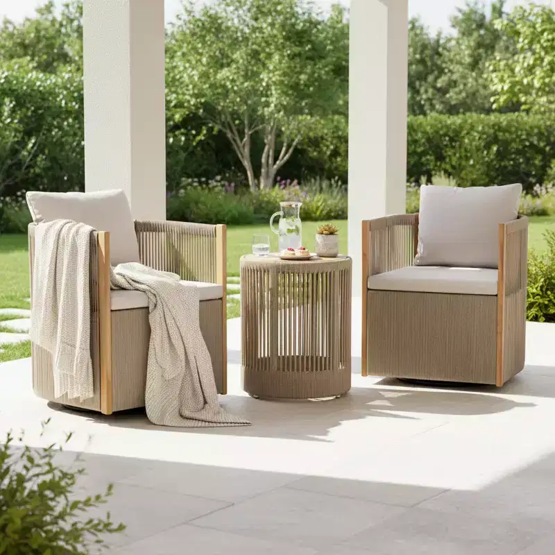 Christopher Knight Home Mason Outdoor Boho Modern Acacia Wood and Rope 3-Piece Swivel Chair Conversation Set with Round Side Table
