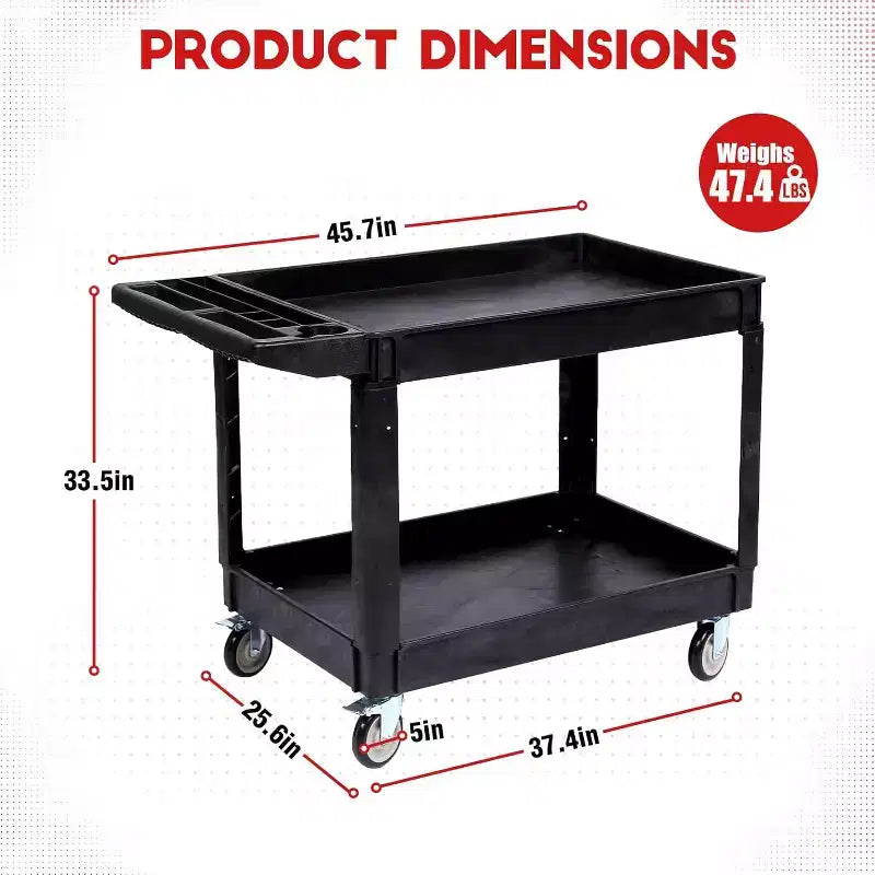 2 Shelf Heavy Duty Utility Cart 550LBS Capacity 360 Swivel Wheels with Brakes for Warehouse Garage Kitchen, 45.7x25.6in