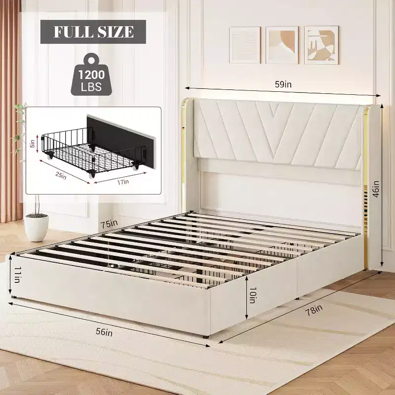 Full Size Velvet Upholstered Bed Frame with 4 Storage Drawers,Smart LED Bed Frame,Tufted Upholstered Platform Bed Frame with Wingback Headboard