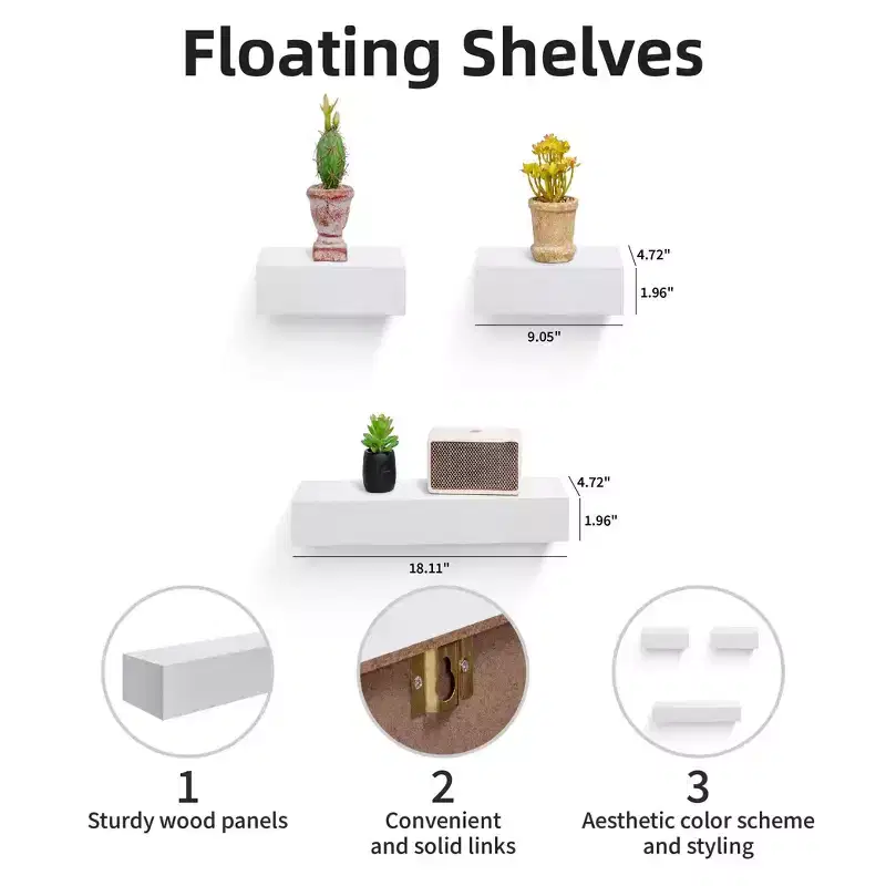 17.72 White Floating Shelf C invisible-bracket wood wall mount, perfect bathroom/bedroom/kitchen dcor or book/plant display, easy install.