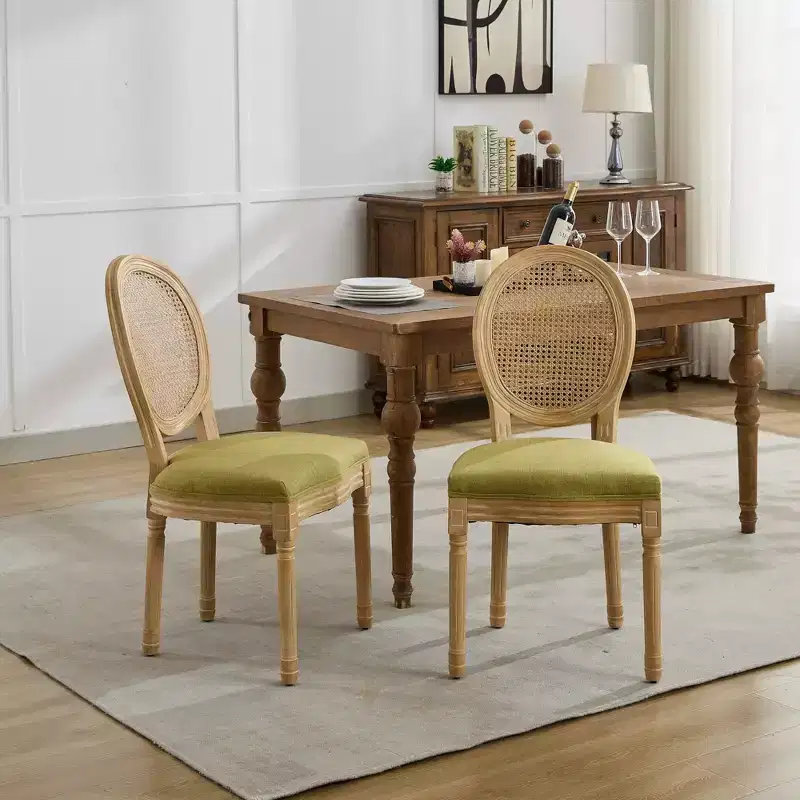 CLIHOME Set of 2 French Style Solid Wood Frame Antique Painting Linen Fabric Rattan Back Dining Chair