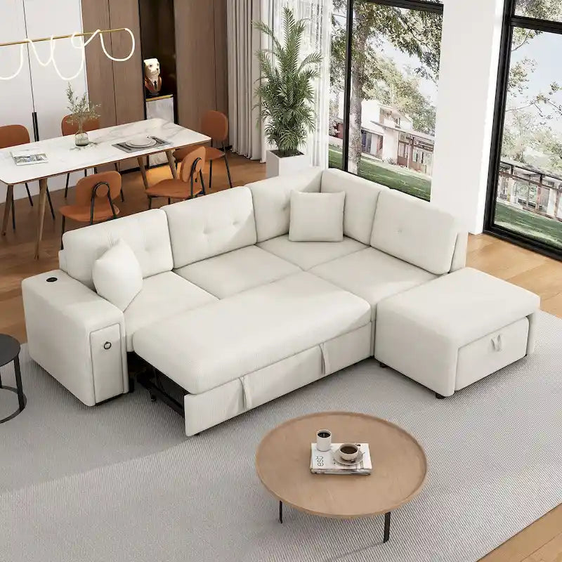 L-Shaped 4-Seat Sectional Sofa with Pull-Out Bed, Ottoman, USB Ports & Drop-Down Table