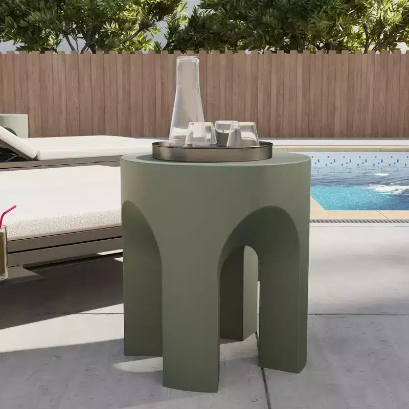 LeisureMod Crus 18 Sculptural Fiberstone End Table - Round Vaulted Base Side Table