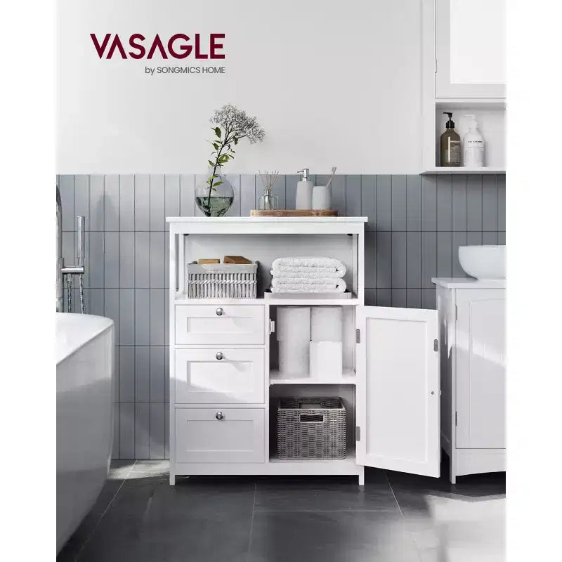 VASAGLE Floor Storage Cabinet, Storage Unit with 3 Drawers, Cabinet Freestanding, Adjustable Shelf ,White