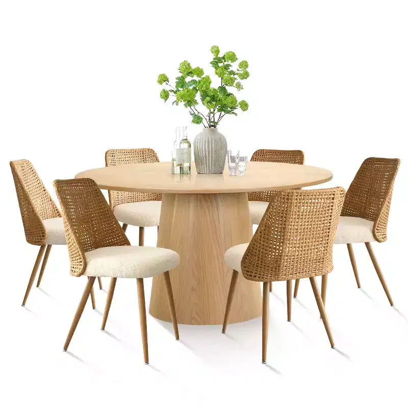 7-Piece Round Dining Table Set for 6 Oak Wood Dining Table and Boucle Rattan Dining Chairs for Kitchen Dining Room Farmhouse-Panipeachy
