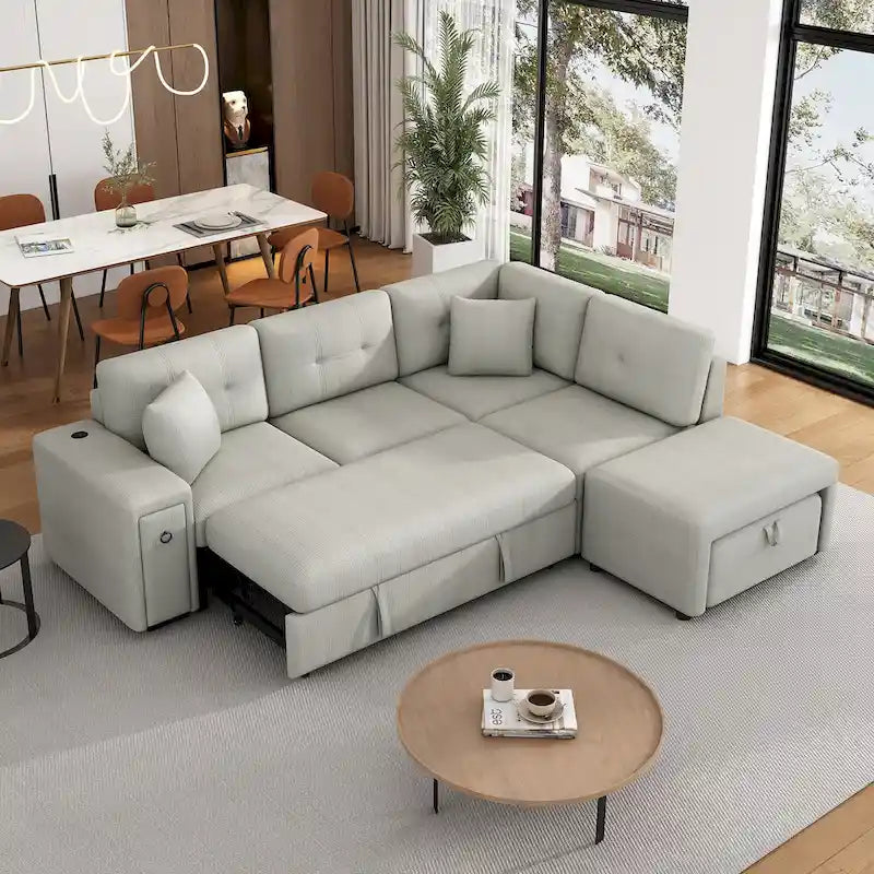 L-Shaped 4-Seat Sectional Sofa with Pull-Out Bed, Ottoman, USB Ports & Drop-Down Table