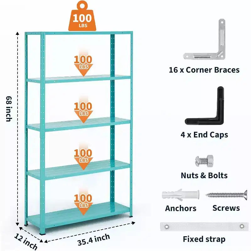 5 Tier Heavy Duty Steel Shelving Unit, 500 lbs Capacity Garage Storage Shelves with Adjustable Height, Metal Shelves,Industrial Shelves