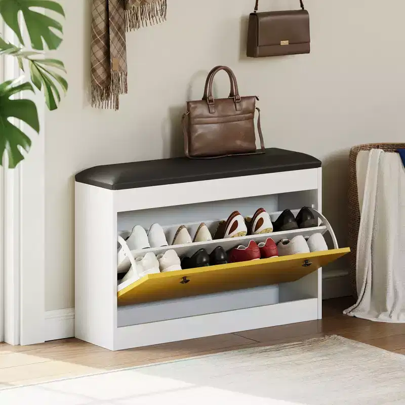 31.5 Shoe Storage Bench - Flip-Drawer Organizer w/PU Cushion for Entryway, Hallway & Living Room