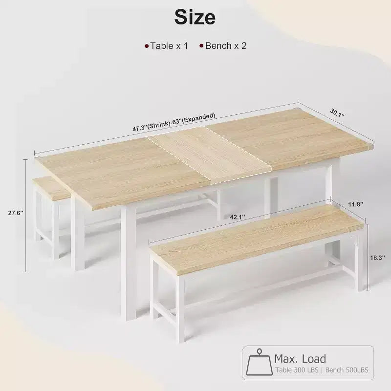 5 Pieces Dining Table Set for 4-6, Extendable Dining Room Table Set for 4, Kitchen Table with Benches and Stools, Dinner Table Set for Home