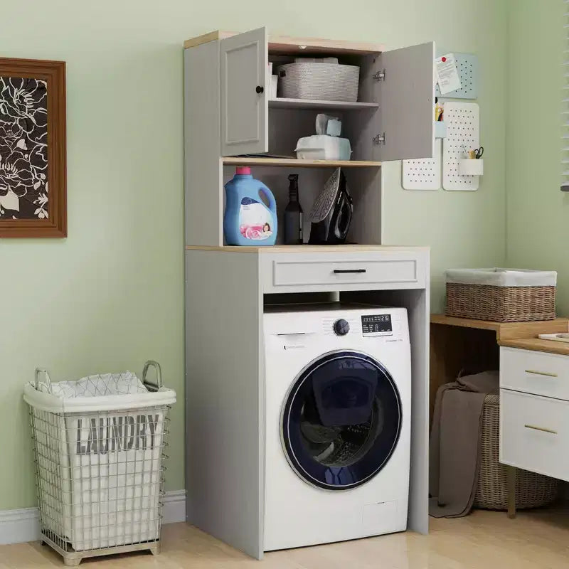 GDFStudio Ione 71.65''H Modern Over the Washing Machines Storage Cabinet with Adjustable Shelf, Fake Drawer and 1 Door