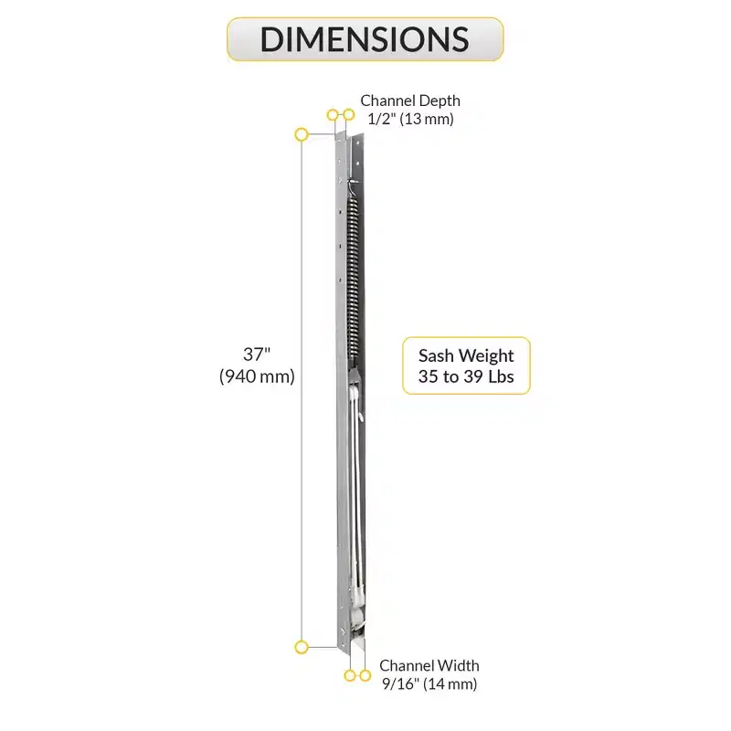 Brixwell Aluminum Window Channel Balance, 37 Length, 9/16 Width, 1/2 Depth For 35 to 39 lbs Sash, No Sash Guide Attached.
