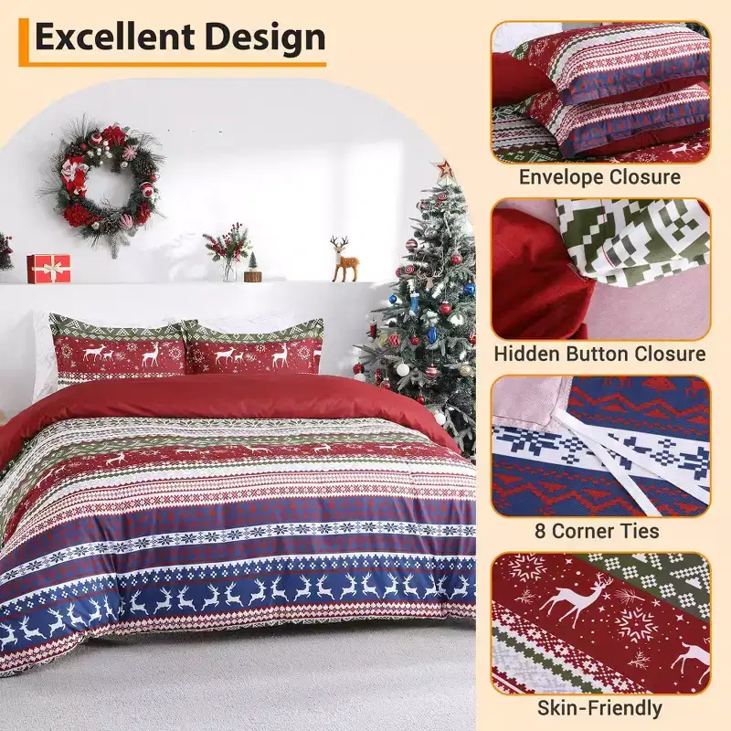 Duvet Cover Set, Christmas Pattern Comforter Cover with 2 Pillow Shams, Soft Washable Microfiber Bedding Set for Xmas Bedroom Decor