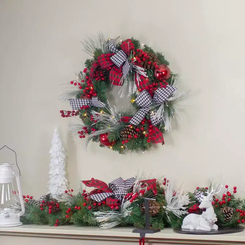 Northlight 52 Houndstooth Bows and Berries Artificial Christmas Swag, Unlit