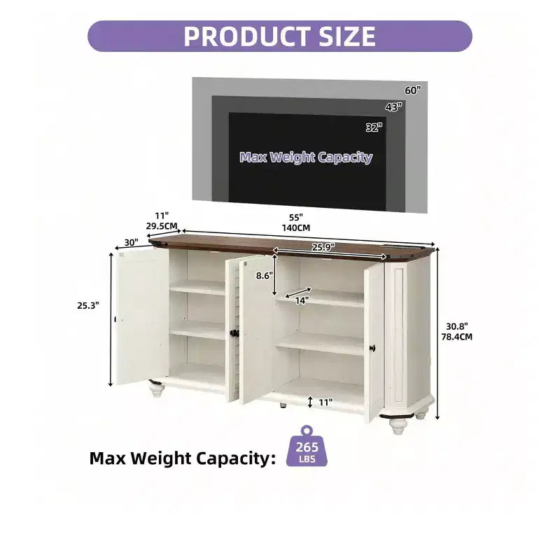 Farmhouse TV Stand for 60 Inch TV, Entertainment Center with Adjustable Shelves & Power Outlets,Buffet Sideboard Cabinet for Living Room