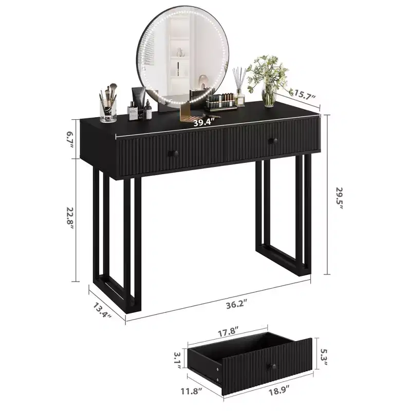 Acekool Vanity Desk with Mirror and LED Lights, 3-Color Lighting, Spacious Storage, Modern Minimalist Makeup Table, Easy Assembly
