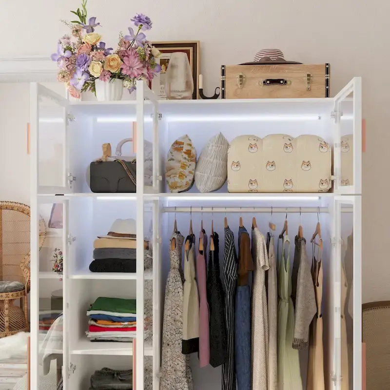 Armoire de rangement avec éclairage LED et portes entièrement vitrées, style dressing.