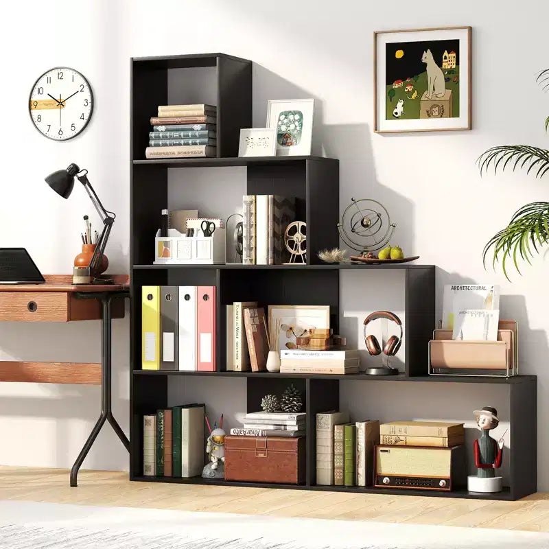 4-Tier Bookshelf w/ 6 Storage Cubes 64 Tall Modern Geometric Stair Bookcase