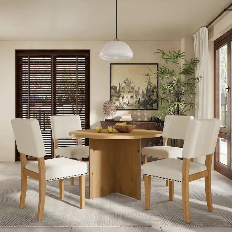 Modern 5-Piece Round Dining Table Set Pedestal Kitchen Table Set with 4 Upholstered Dining Chairs