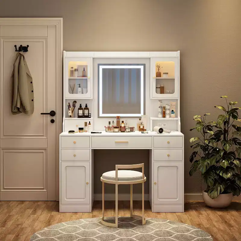 Large Corner Makeup Vanity Table with 6 Drawers, Shelves & Mirror - White