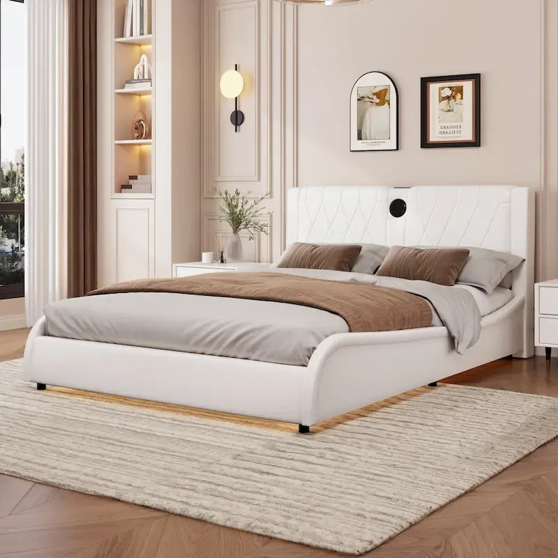 King Size Upholstered Bed Frame with RGB LED Lighting Bluetooth Speakers White Black
