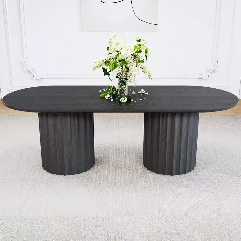 86 inch Cylindrical Double-base Oval Black Dining Table with 8 Dining chairs Suitable for Dining Room / Living Room