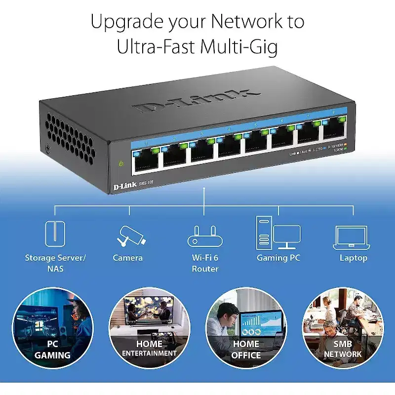 D-Link 8-Port 2.5Gb Unmanaged Multi-Gig Network Switch, 8 x 2.5G Ports Fanless Plug & Play (DMS-108)