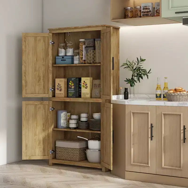 64 Kitchen Pantry, Tall Storage Cabinet with 4 Rattan Doors, 4 Tier Shelves and Adjustable Shelf