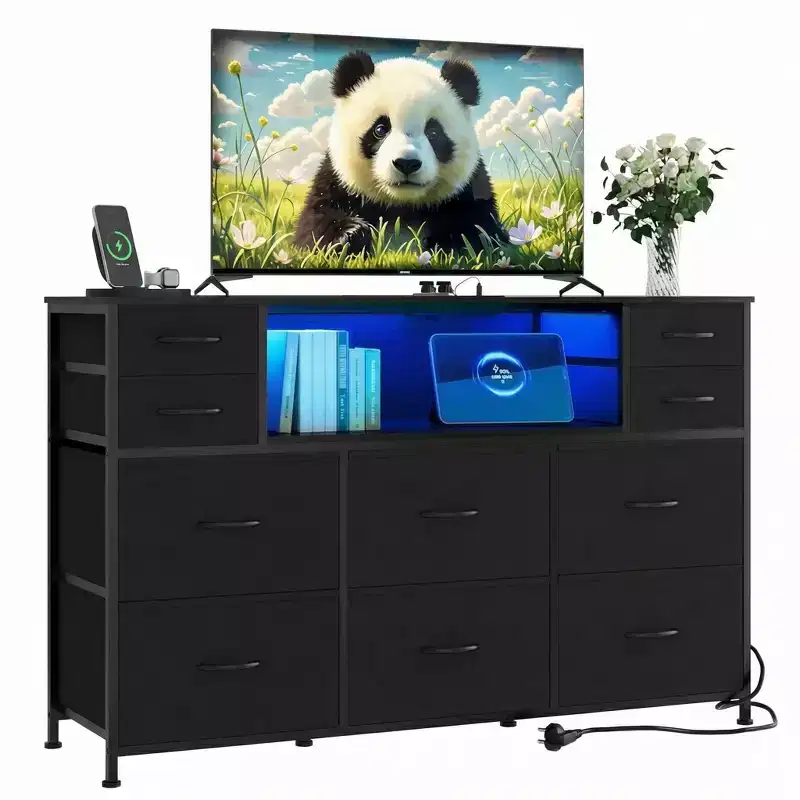 Metal-Framed Dresser with 11 Fabric Drawers TV Cabinet LED Lights and Charging Station
