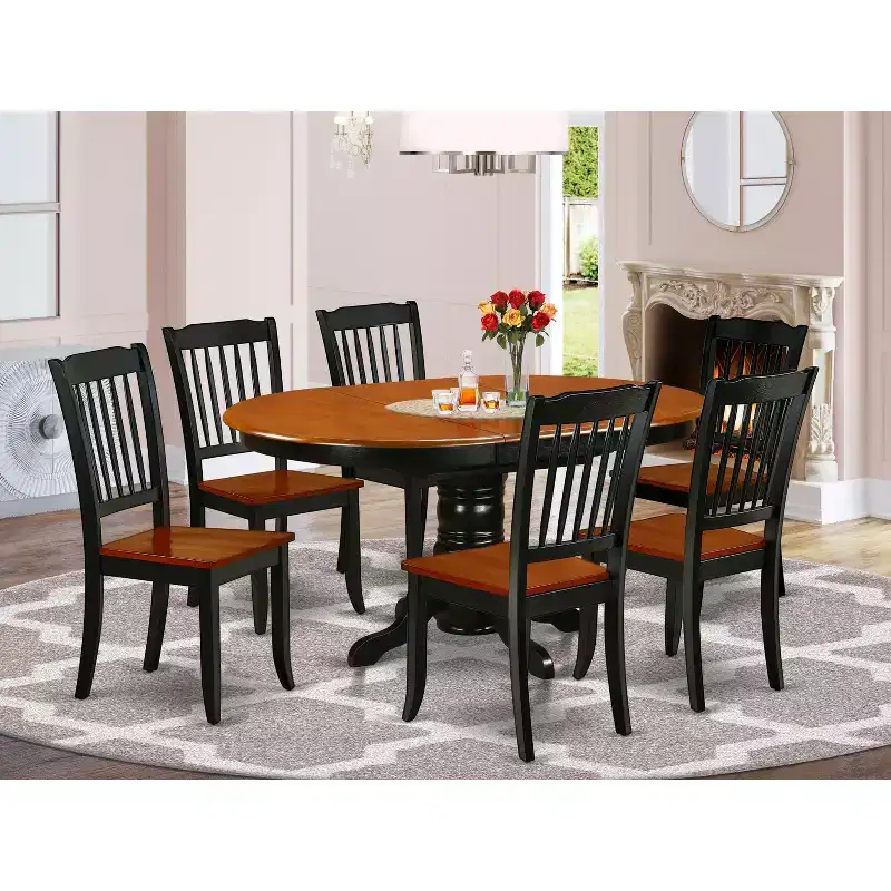 HomeStock 7-Piece Oval Black and Cherry Finish Solid Wood Top Dining Table with 6 Chairs with Slat Back