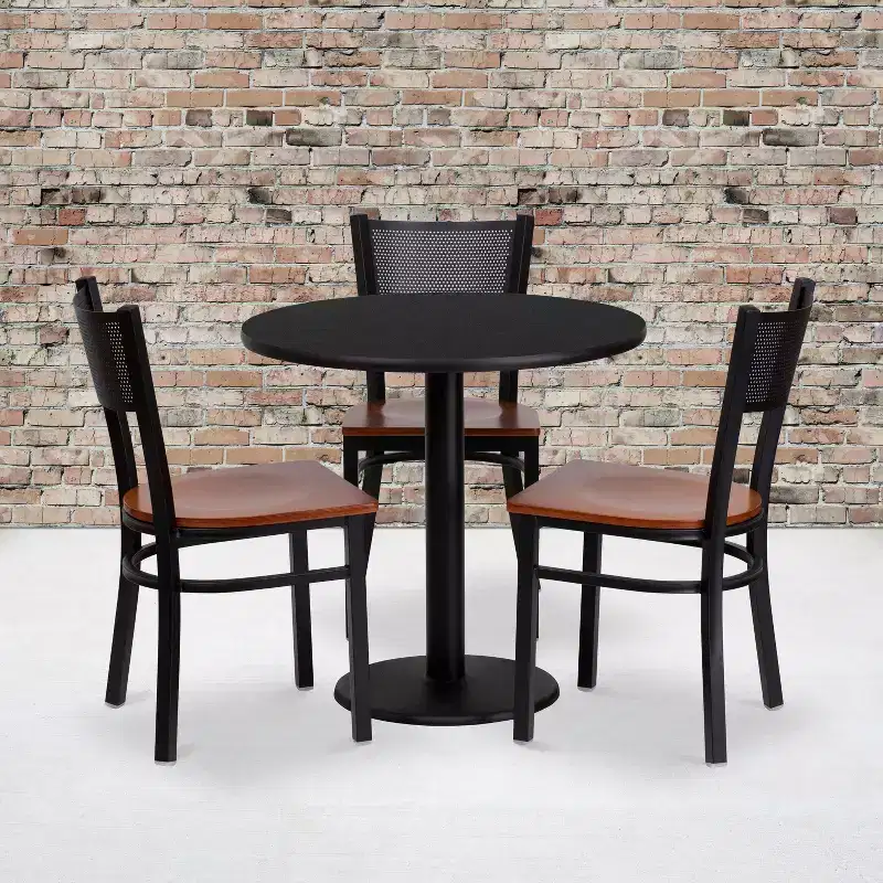 Flash Furniture 30'' Round Black Laminate Table Set with 3 Grid Back Metal Chairs - Cherry Wood Seat