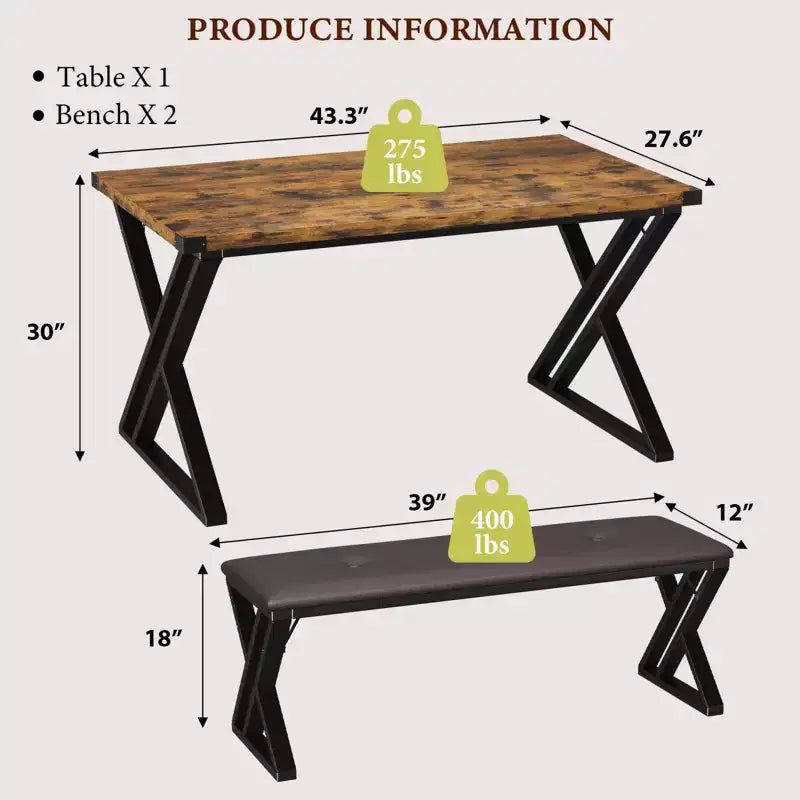 Bench-Style Dining Table Set Wooden dining table with 2 benches 4-6 person dining table and chair set Suitable for kitchens and apartments