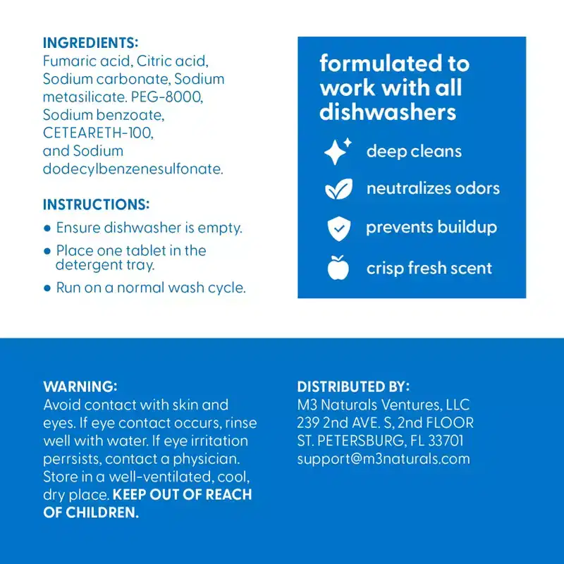 M3 Dishwasher Cleaner Tablets and Deodorizer, Fights Grime & Limescale, Septic Safe Heavy Duty Kitchen Cleaning Supplies, 24 Tablets 1-Year Supply