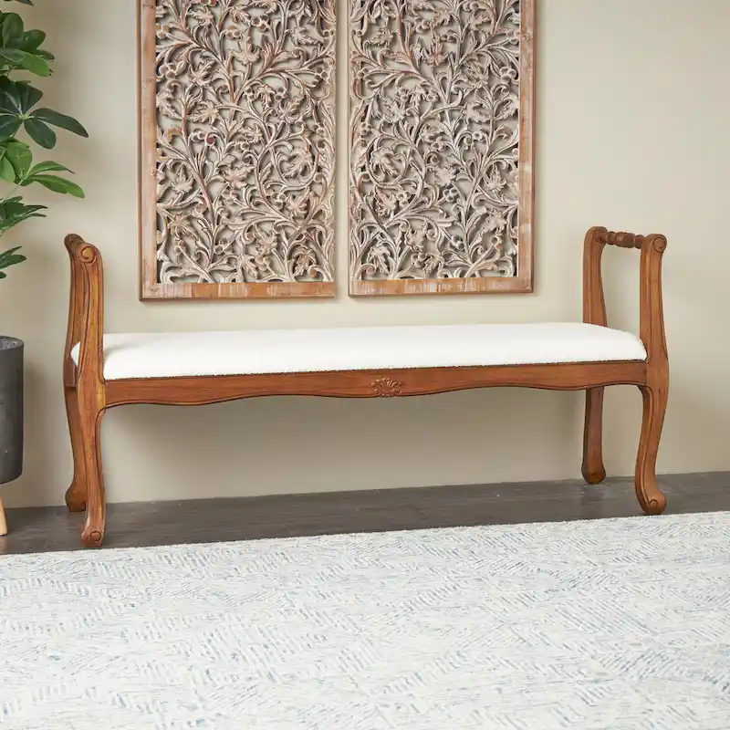 Cream Fabric Arm Bench with Wood Turned Legs 55L