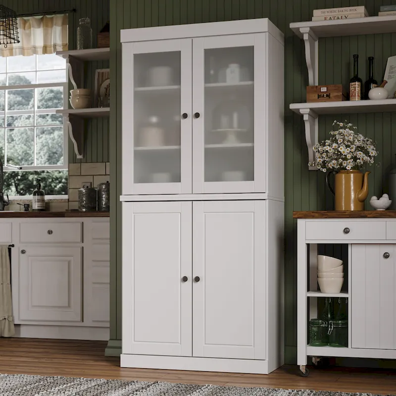 Armoire de rangement 100 % bois massif avec portes en verre dépoli, portes pleines, 2 tiroirs et étagères réglables.